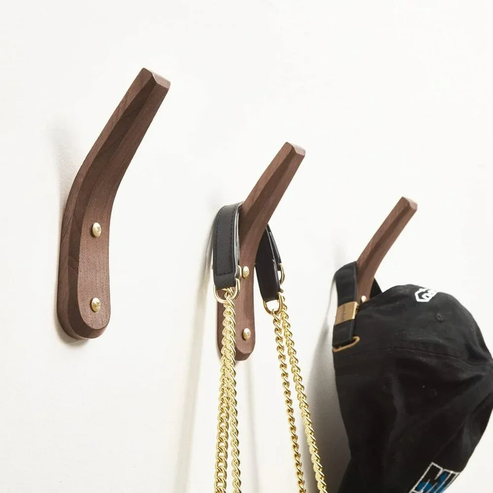MCM 2 Pack Wood Hooks Wall Mounted Minimalist Mid‎ Century Decor Natural Walnut